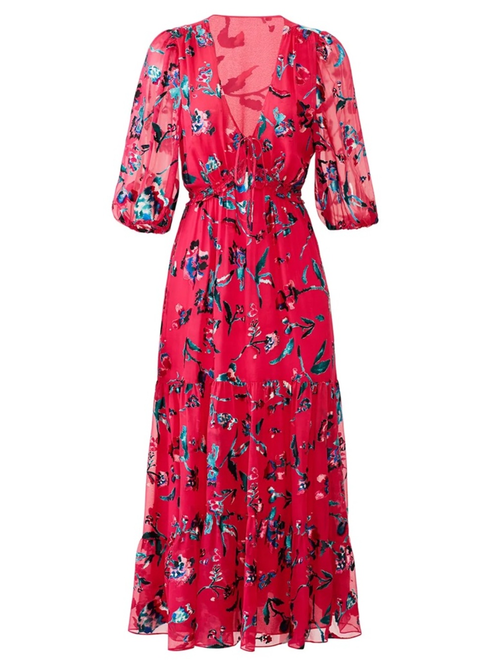 Tanya Taylor Dulce Silk Rayon Hot Pink Floral Tiered Ruffle Midi Dress Sz 6 - Picture 2 of 7